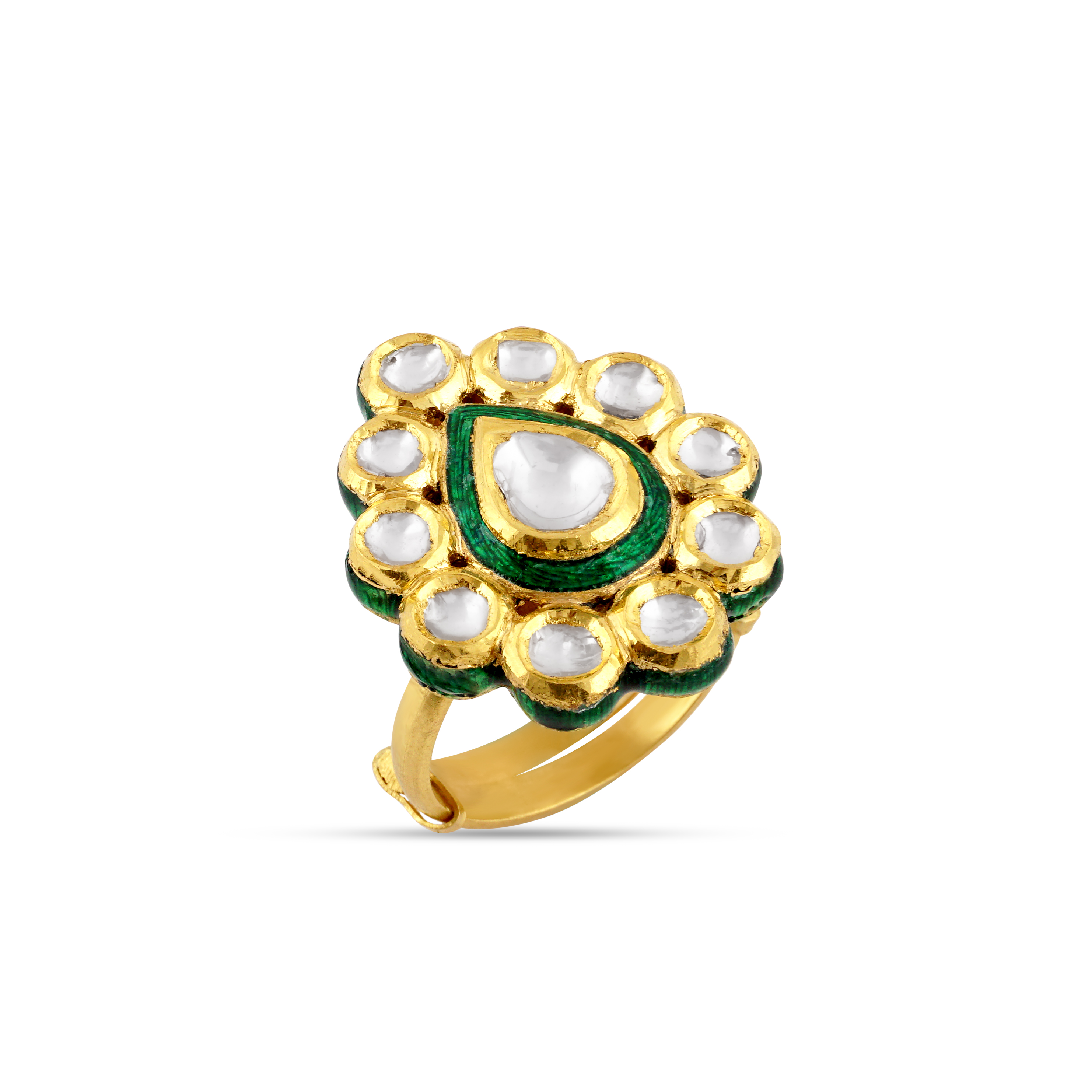 Pear-Shaped Polki Ring with Green Meena and Polki Cluster